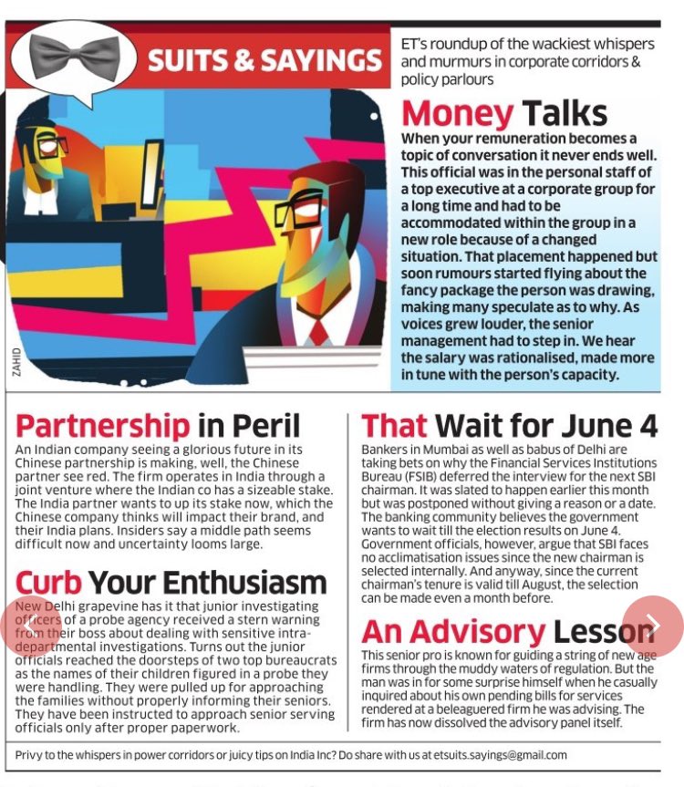In this weeks #suitsand sayings - the advisory lesson must be Rajnish Kumar and Byjus;
Unable to figure out which partnership is in Peril& whose Money was the talk of town! 
Crowdsource please 
@DPrasanthNair @LloydMathias @arijitbarman76 @AlokPatel
