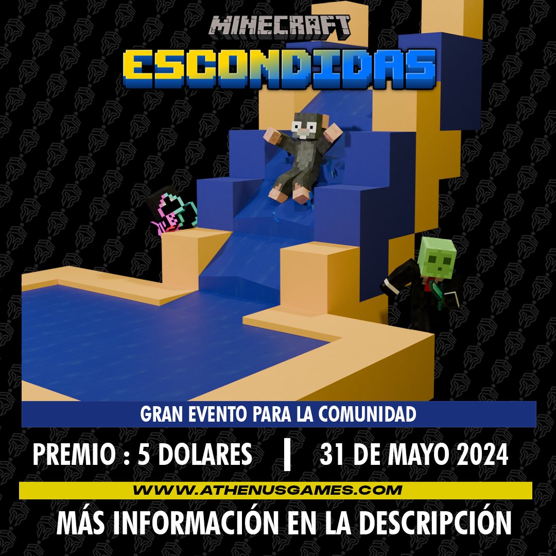 AthenusGames's tweet photo. ¡Únete a nuestro evento de Minecraft: Las Escondidas! 🎮🕵️‍♂️ Este 31 de mayo a las 18:00 (hora Colombia), explora un Parque Acuático 🌊 y un Parque de Diversiones 🎡 mientras te escondes de otros jugadores. ¡El ganador se llevará $5! 💵 #MinecraftServer #athenusgames #latamgaming https://t.co/omegefOI4B