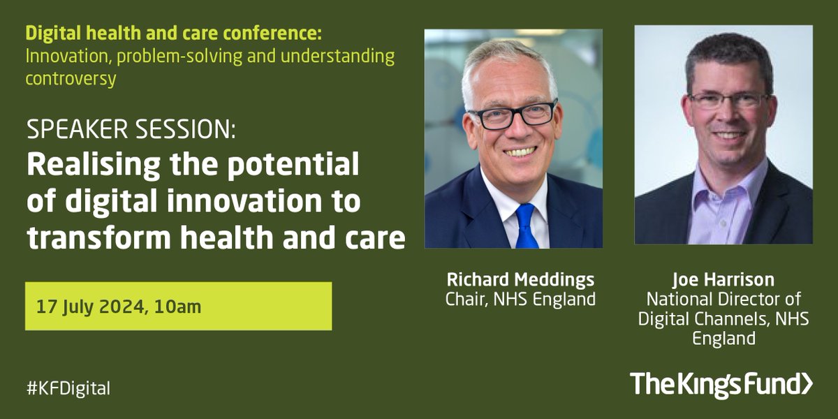 Take a deep dive into the practicalities of digital transformation and solutions at our Digital health and care conference in July. We'll be hearing from speakers from across the system, including @JoeHMK and Richard Meddings. Book your place #KFDigital kingsfund.org.uk/events/digital…
