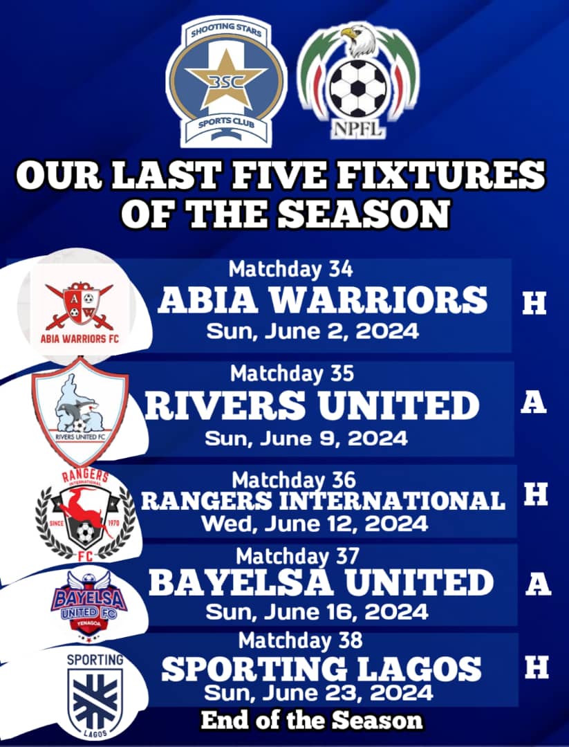 Five more games to go.

3 home matches, 2 away ties.

We keep pushing💪

#WeareShooitngStars
#TheOluyoleWarriors.