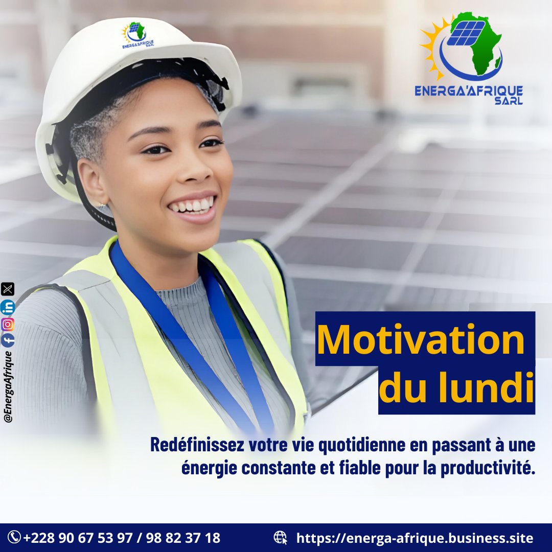 Démarrez la semaine du bon pied avec une énergie constante et fiable ! 💪
Nos solutions solaires (panneaux, pompes, éclairage...) vous garantissent une productivité accrue au quotidien.

#energaafriquesarl #EnergaAfrique #EnergieSolaire
#LundiMotivation  #ProductivitéSolaire