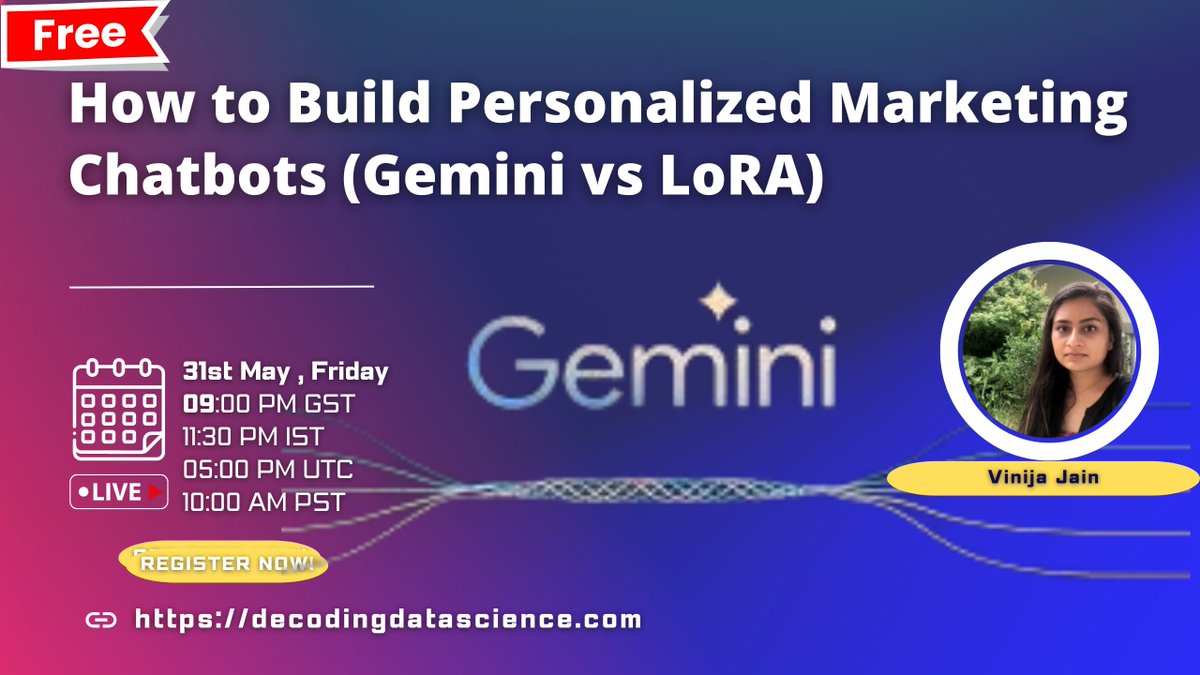 New Workshop Announced

How to Build Personalized Marketing Chatbots (Gemini vs LoRA)

This Friday May 31st   9 pm GST

Kindly RSVP for Free limited Seats 

decodingdatascience.com/marketingchatb…

▶️