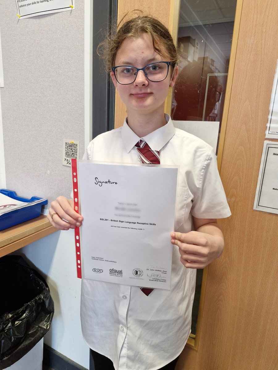 Proud of this S2 learner who achieved her first part Level 2 BSL this week! Well done! #Article29