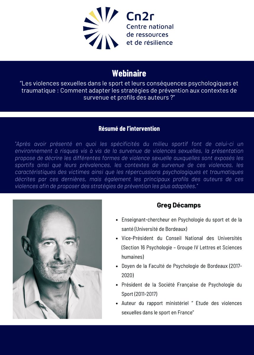 “Les violences sexuelles dans le sport et leurs conséquences”
Webinaire du <a href="/CN2R_France/">Centre national de ressources et de résilience</a> le 4 juin à 17:39 avec le chercheur Greg Descamps 
Inscription gratuite : forms.office.com/Pages/Response…
<a href="/CIIVISE_contact/">CIIVISE</a>