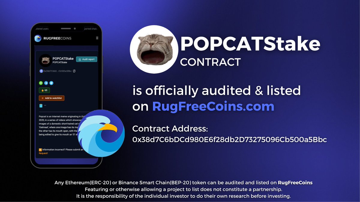 ' @popcatxyz ' has been fully audited and listed on RugFreeCoins. rugfreecoins.com/coin-details/2… #Rugfreetokens #POPCAT #Stake #audit #ETH #web3 #Ethererum #Crypto