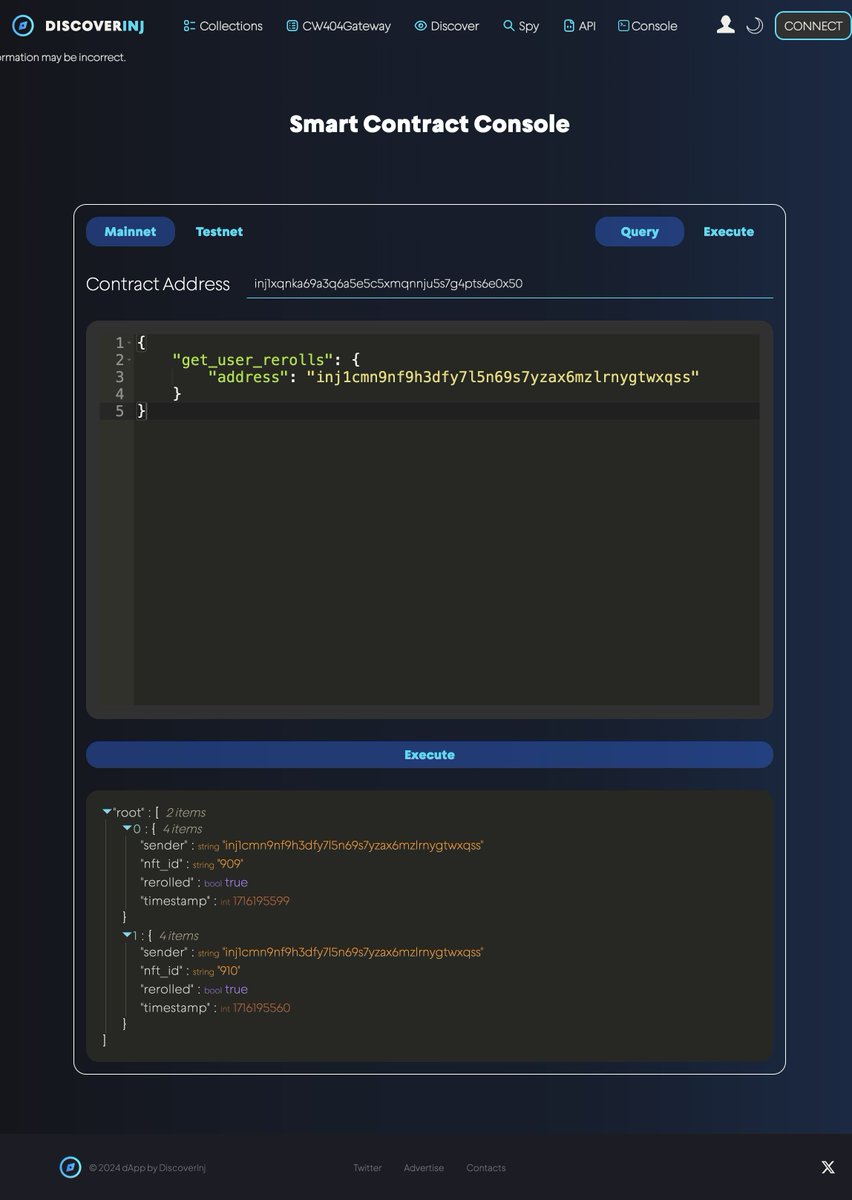 Ninjas and builders 🥷

We are proud to present the smart contract console.
A useful tool that will help non coders to connect with smart contracts on @Injective with ease and a slick UI!

Give it a try now!

Only on Discoverinj alpha.discoverinj.com/console

#BUIDL #Injective #INJ