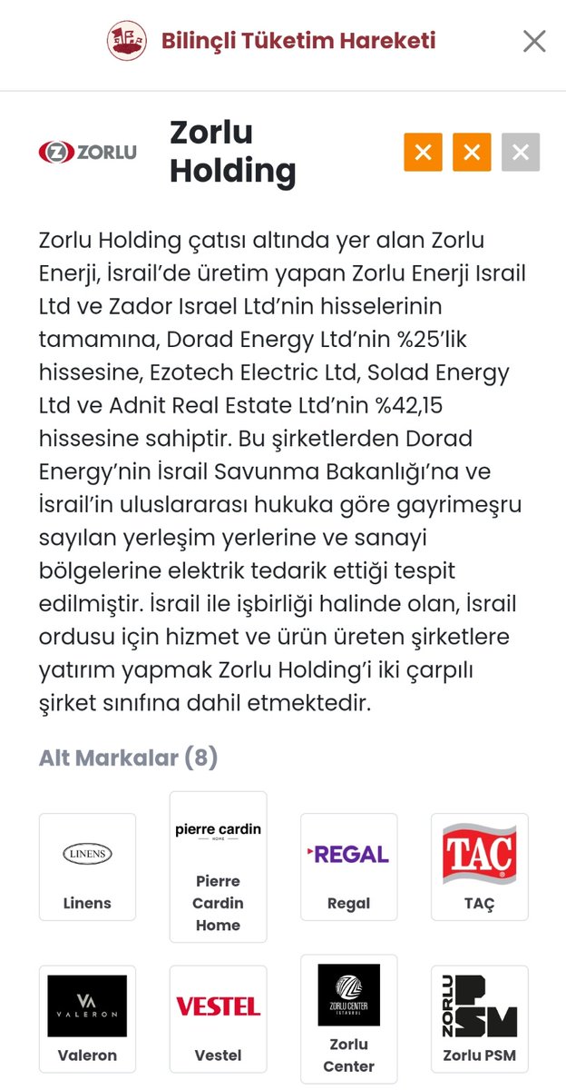 bilincli_tuket's tweet photo. Bilinçli Tüketiciler'in başlattığı boykot neticesinde, Zorlu Holding, İsrail'deki enerji yatırımlarının bir kısmını satmak zorunda kaldı. Ancak IDF'e enerji sağladığı tespit edilen Dorad Energy Ltd. hisselerinin satışına ilişkin bir bildirim mevcut değil.

Zorlu'yu #BoykotaDevam https://t.co/4AthY6SYjs