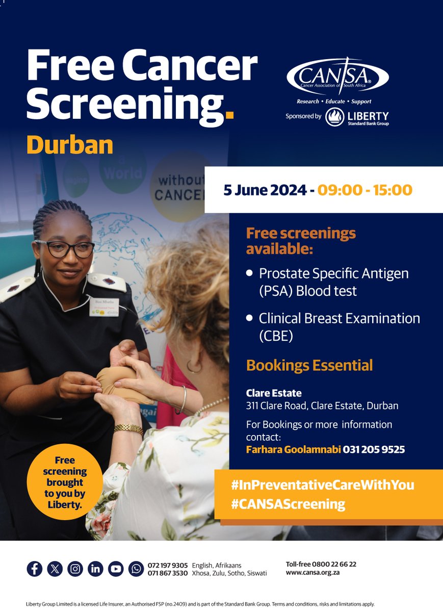 CANSA's tweet photo. Regular screening and early detection are key in ensuring better outcomes when it comes to cancer.
We are thankful to @LibertyGroupSA for taking hands with CANSA in sponsoring #CANSAScreening in Durban, Vanderbijlpark and Jeffreys bay.
#InPreventativeCareWithYou https://t.co/fc71OUr3Dd