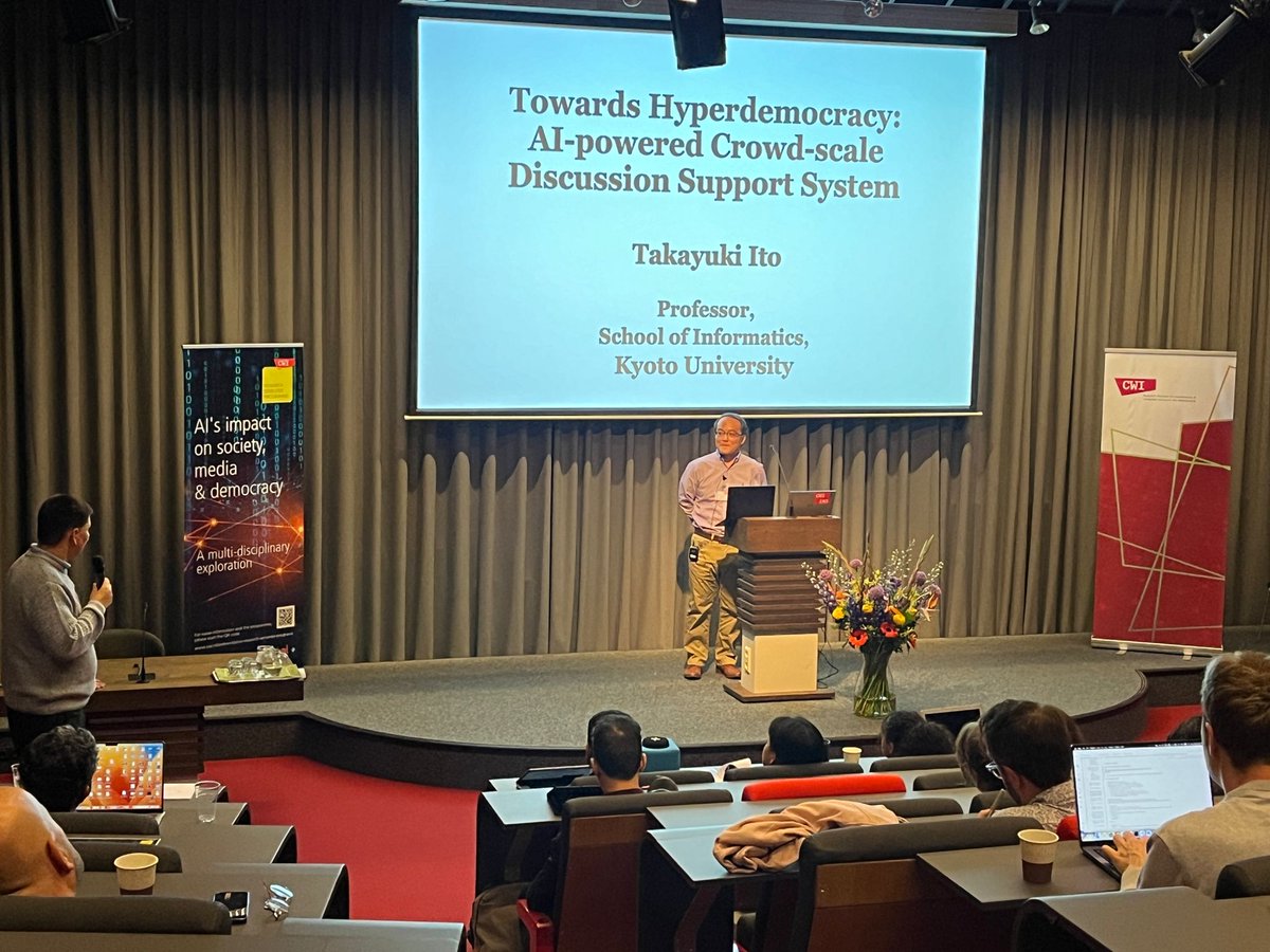This morning, Takayuki Ito (Kyoto University) presented D-Agree, an AI-based crowd-scale discussion support system, which  reduced interethnic prejudice and anxiety in large-scale social experiments. He also showed his vision on a future hyperdemocracy platform. <a href="/itota/">Takayuki Ito</a>