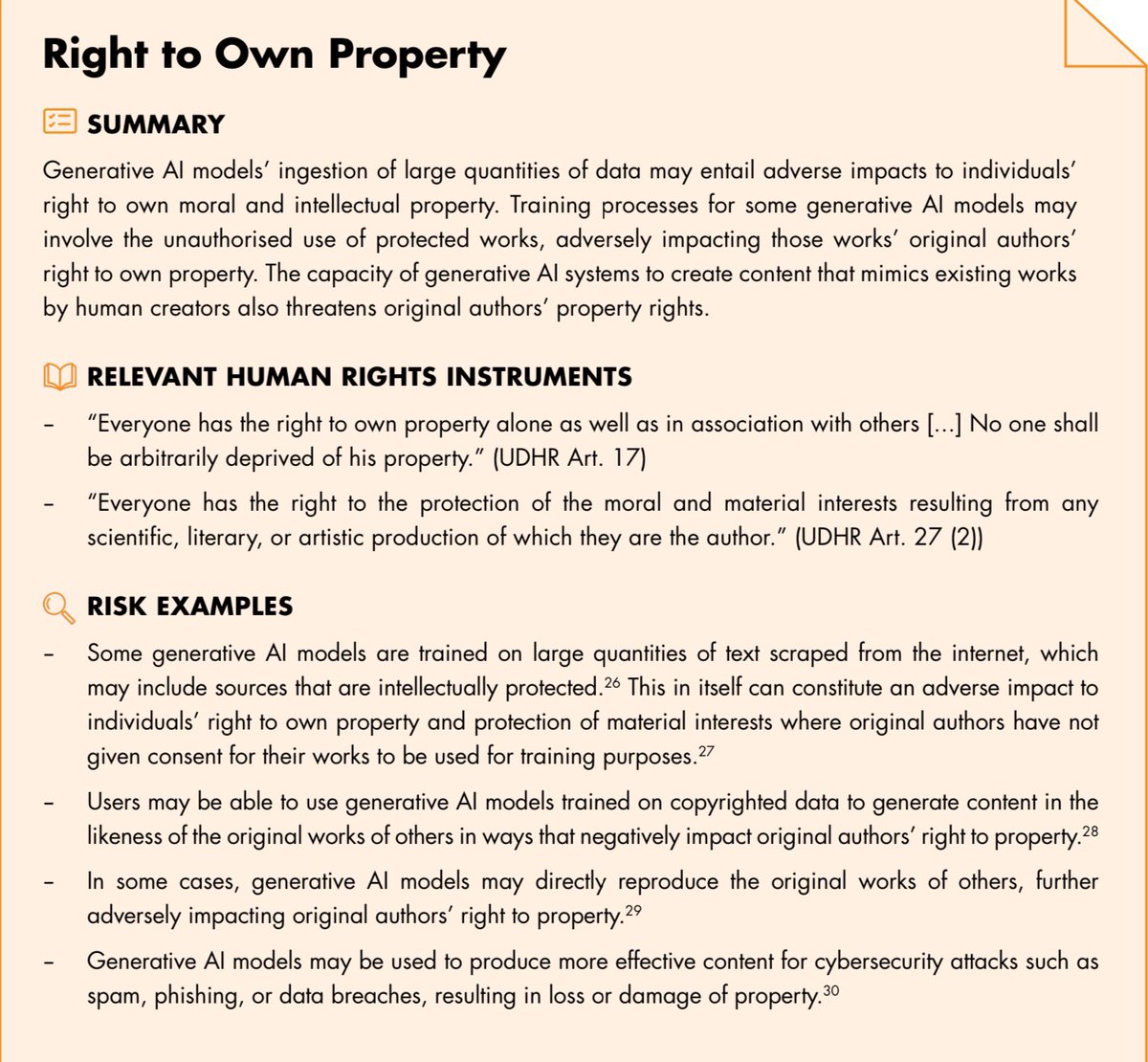 “Training on large quantities of text scraped from the internet…can constitute an adverse impact to individuals’ right to own property &amp; protection of material interests where authors have not given consent for their works to be used for training purposes.”
—<a href="/UNHumanRights/">UN Human Rights</a> <a href="/WIPO/">World Intellectual Property Organization (WIPO)</a>