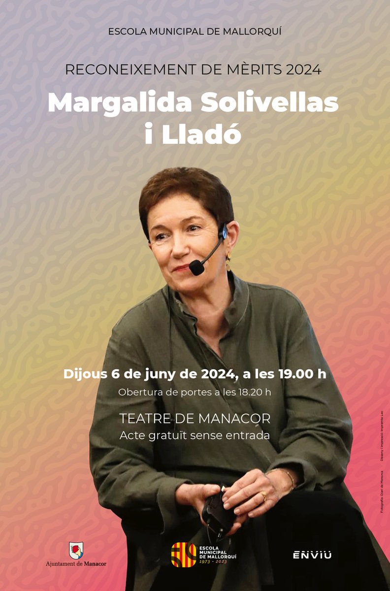 ajManacor's tweet photo. 🟡 L'Escola Municipal de Mallorquí concedeix enguany el Reconeixement de Mèrits a la periodista Margalida Solivellas i Lladó

📆 L'acte tendrà lloc dijous 6️⃣ de juny a les 19 h al Teatre de Manacor

😊 Us hi esperam!
.
.
.
#reconeixementdemèrits2024
#50anysEMM
#feimpoble https://t.co/nQT0cMvFvU