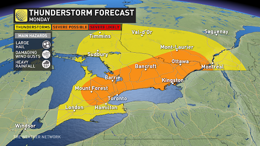 Severe thunderstorm risk for Ontario and southern Quebec. Main hazards expected to be damaging wind gusts and large hail (2-3cm). #onwx #onstorm