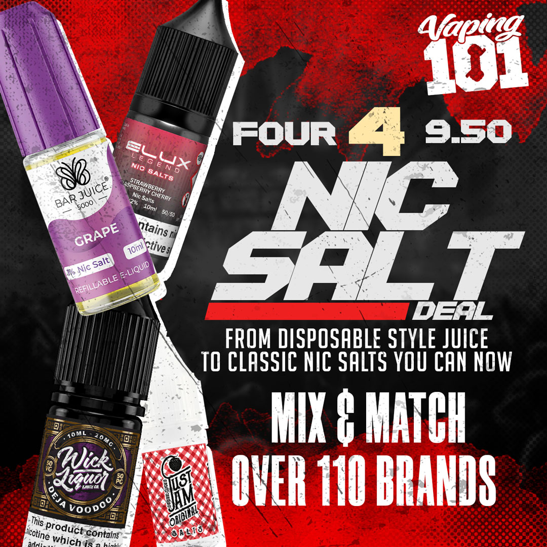 💥 New Deal Alert at Vaping 101! 💥 Mix & Match Nic Salts – 4 for just £9.50! Choose from over 110 brands, including Bar Juice, Elux, Nasty Salt, and Supergood. Only the best deals at Vaping 101! 🎉 #Vaping101 #NicSalts #VapeDeals #VapeCommunity