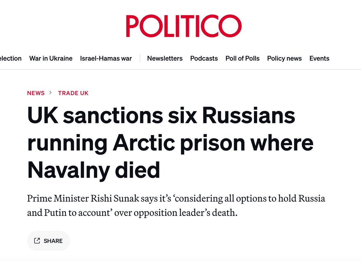 3/14 It's actually worse than none. The UK sanctions package in response to Navalny's murder included six individuals. Six prison employees who live in the village of Kharp. These people most likely haven't even considered traveling abroad, perhaps not even outside their region.