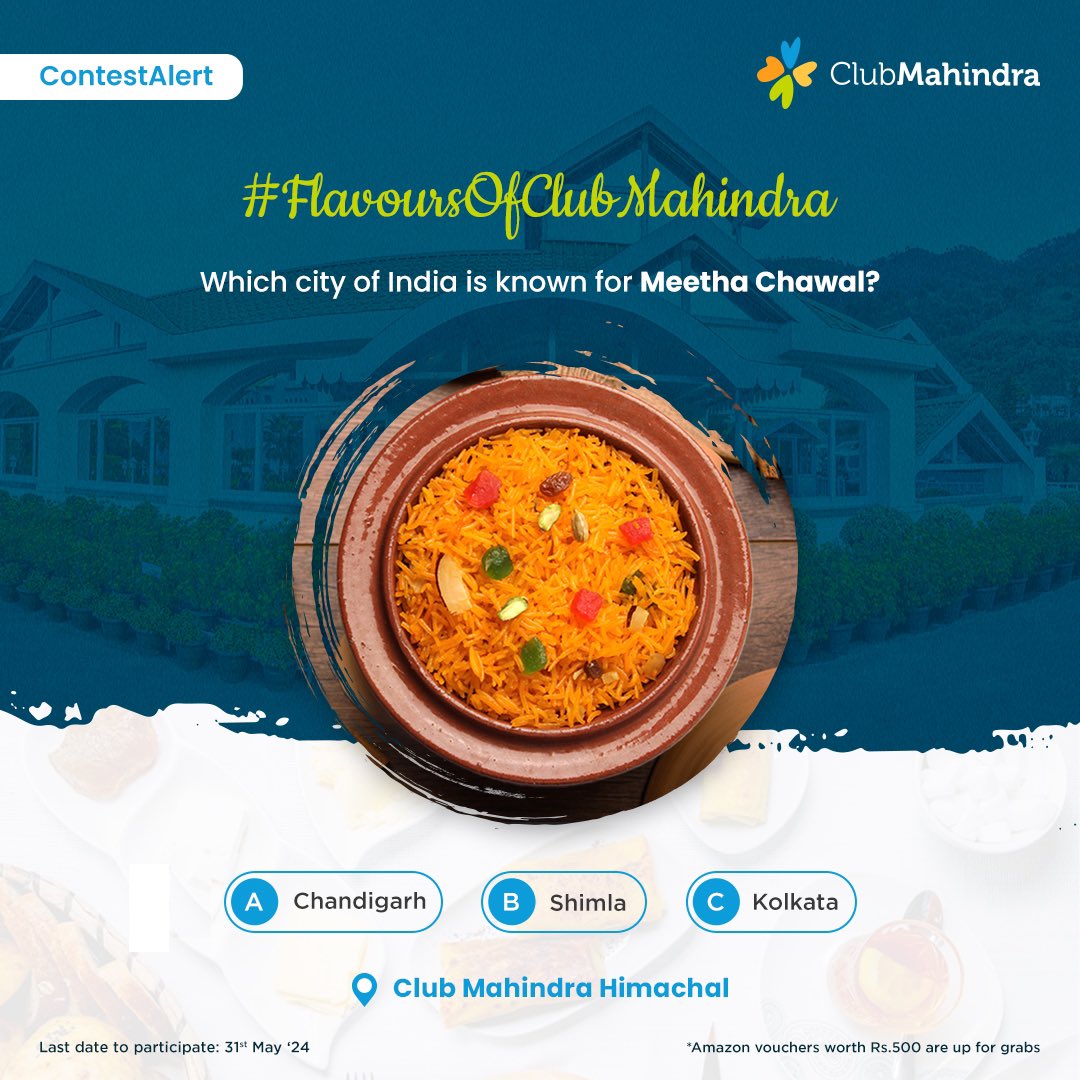 #ContestAlert 10 of 15 Participate in all #FlavoursOfClubMahindra contest posts & win.​ STEPS 1) Commenting using #FlavoursOfClubMahindra & tagging 4 friends and @clubmahindra is mandatory​​ 2)Participate in all 15 contest posts Winners get Amazon vouchers worth INR 500 each.
