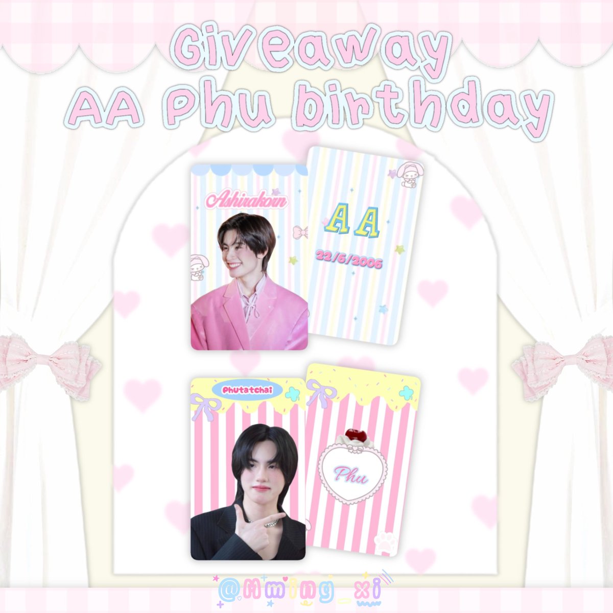 🗯️ Giveaway birthday AA Phu🍥
              
 ⭒   ♡︎ photo card𓈒ׅᕱ̫ᕱ̫ ം 
       𐙚7set only 🫶🏻
𐙚 Shopping 35baht. 

🌟  31/5 time From 17:30
   ถ้าคนที่ได้จะแท็กนะคะ🙌🏻💕
 
💕แลกกอวเดมเลยยᕱ̫ᕱ̫

#becauseofyouishine
#aaashirakorn #Phutatchai
#artworkbeus    #ตลาดนัดBUS