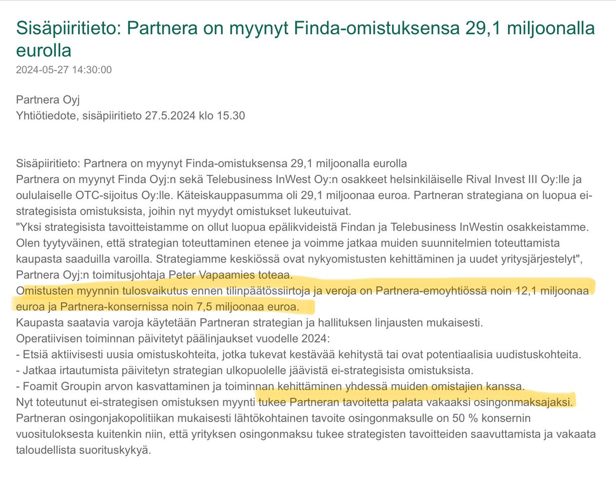 zijoittaja's tweet image. #Partnera ja 29M€ kauppa ei strateginen sijoitus #Finda myyty. Kauppahinta enemmän kuin Parteran markkina-arvo…📈 +17% nyt mutta ei näistä senttiosakkeista ota selvää…

Voihan se olla uus osinko #Reka 🤓
