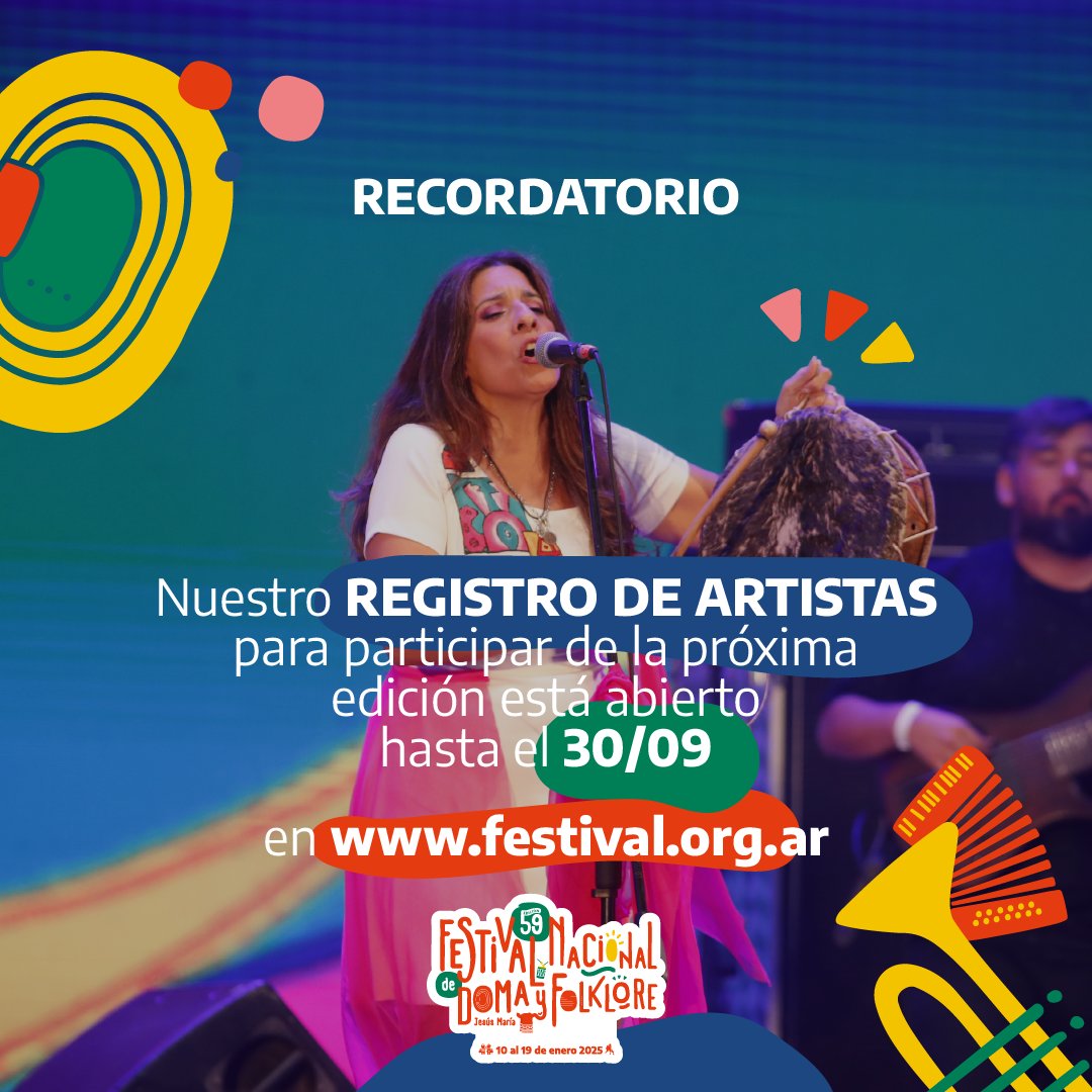 Tu música quiere lucirse en el Festi? 🎤 ¡Completá el formulario del Registro de Artistas en nuestra web!
festival.org.ar 

#ColoryCoraje #FestivalJM #JesúsMaría #Edición59 #EneroEnLaPiel