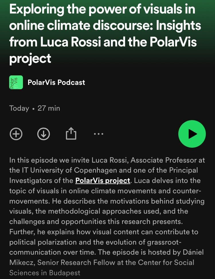 PolarVis Research Project (@polarvisproject) on Twitter photo New Podcast Episode! 🎙️
In this episode we invite <a href="/Luca_Rossi_LR/">@LR@datasci.social</a> , Associate Professor at IT University of Copenhagen and Principal Investigator of the PolarVis project to discuss the role of visuals in climate discourse and how to study them.
🔗open.spotify.com/episode/3mi8fW… New Podcast Episode! 🎙️
In this episode we invite <a href="/Luca_Rossi_LR/">@LR@datasci.social</a> , Associate Professor at IT University of Copenhagen and Principal Investigator of the PolarVis project to discuss the role of visuals in climate discourse and how to study them.
🔗open.spotify.com/episode/3mi8fW…