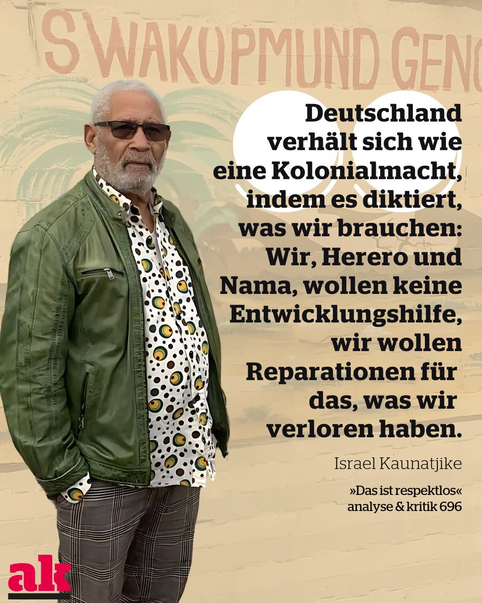 Im Mai 2021 sprach der Bundestag seine Anerkennung für einen »Genozid aus heutiger Sicht« an den Herero und Nama aus. Im Interview mit ak Redakteur @dziedzic_l erzählt Aktivist Israel Kaunatjike über die Deutsch-Namibischen Beziehungen: akweb.de/politik/deutsc…