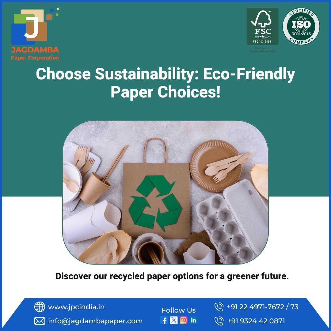 Choose green today for a brighter tomorrow. Make eco-friendly choices and help protect our planet! 🌍💚

#EcoFriendly #SustainableLiving #gogreen #Sustainability #PaperChoices #jpcindia #jagdambapapercorporation #recycledcrafts