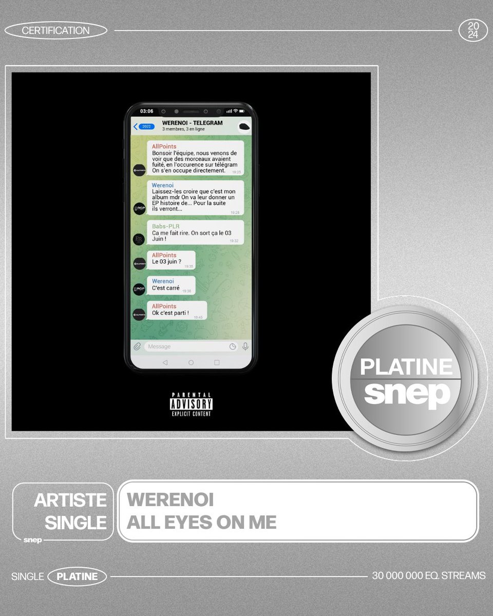Le titre « All eyes on me » de Werenoi est certifié Single Platine ! 💿

30 000 000 équivalents streams 🎧

Bravo ! 👏
