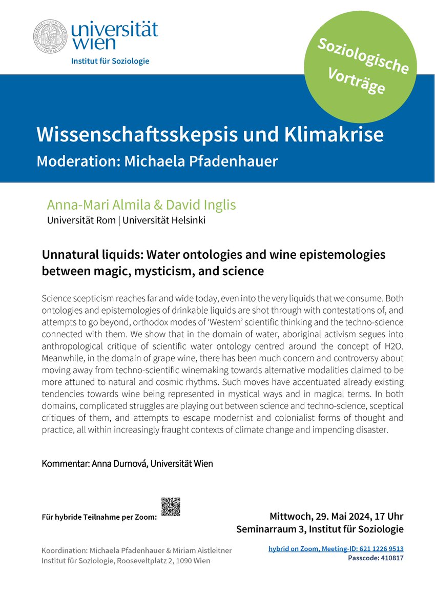 💡Anna-Mari Almila and David Inglis will provide insights into the relationship between ontologies and epistemologies in a world of science scepticism, don't miss it!
⏰Wednesday, Mai 29th, 5pm
📍SR3 and online via Zoom
👉tinyurl.com/5598ne3f
@univienna