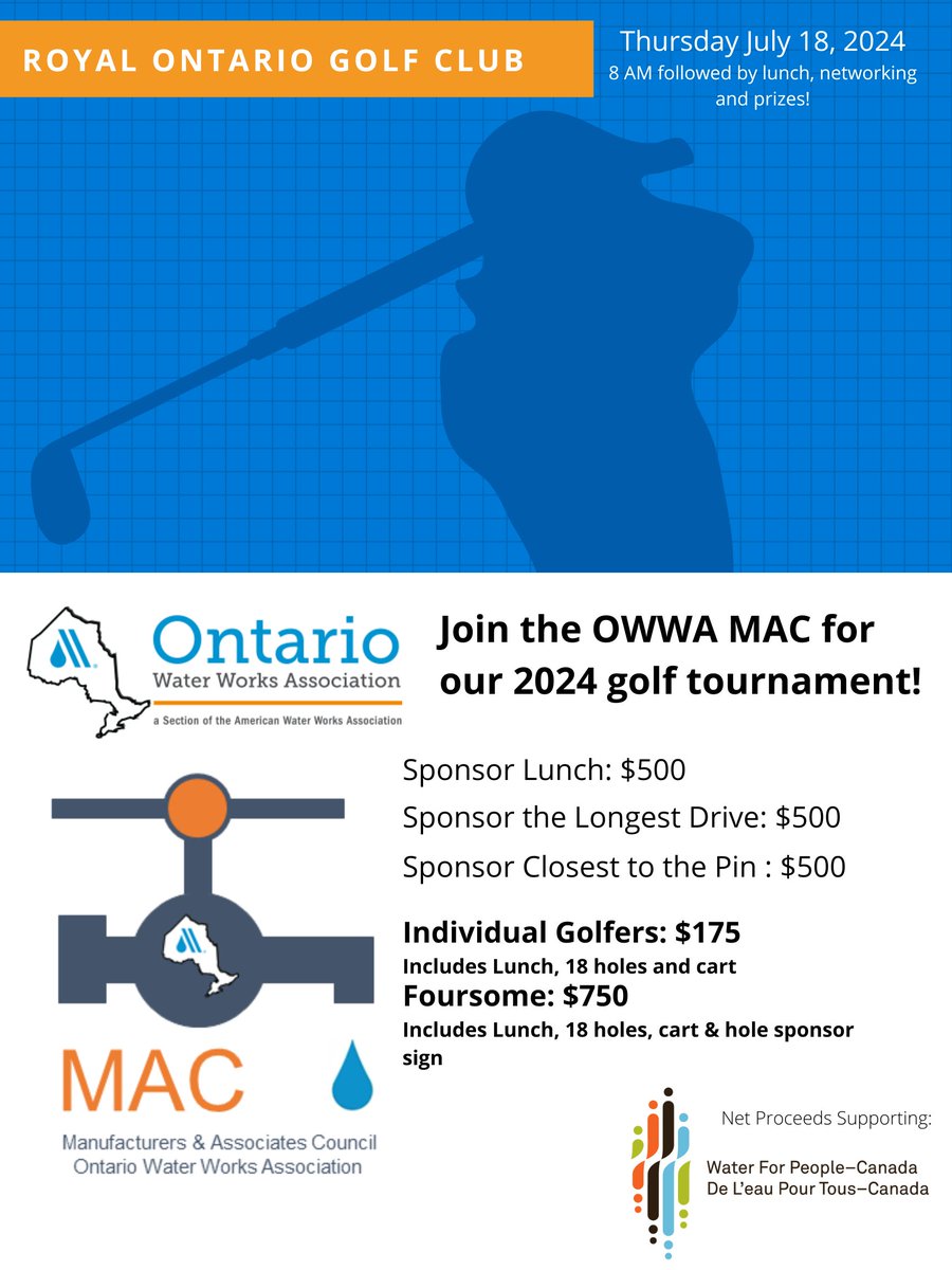 Registration is open for the OWWA 2024 Golf Tournament, in support of Water For People! 

Join us at the Royal Ontario Golf club, July 18th at 8am for a tournament, followed by lunch, networking and prizes! 

owwa.ca/events/index.h… 

Sponsorships available.
