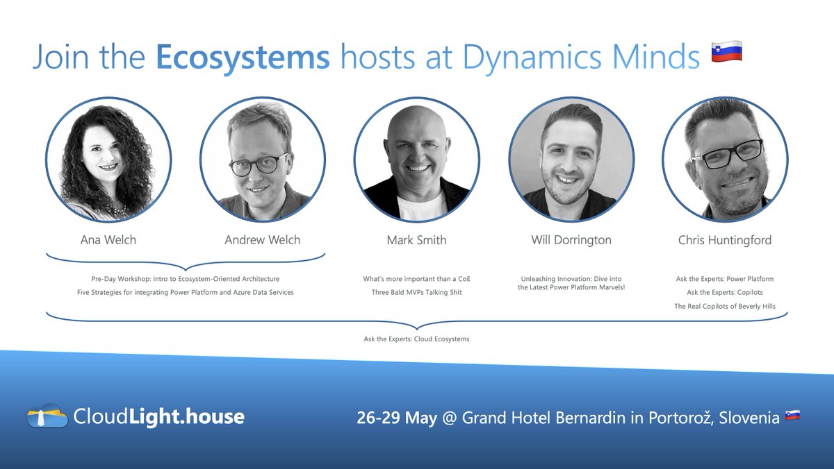 I'm at @dynamicsminds 🇸🇮 all fellow #EcosystemsShow cohosts: @AnaDemeny @nz365guy @WilliamDorringt @ThatPlatformGuy. Join for our panel Tues @ 14:15 😎

#Microsoft #Cloud #AI #AIstrategy #CloudStrategy #Azure #PowerPlatform #msFabric #dynamics365 #CloudEcosystems #CloudLighthouse