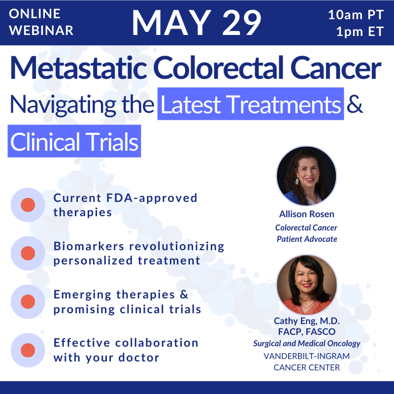 Join our partners at @patient_story on May 29 to learn about navigating the latest treatments & trials for Stage IV #colorectalcancer. This webinar features a talk with Dr. Cathy Eng & patient advocate Allison Rosen (a COLONTOWN volunteer). Sign up: tinyurl.com/43k2yca3