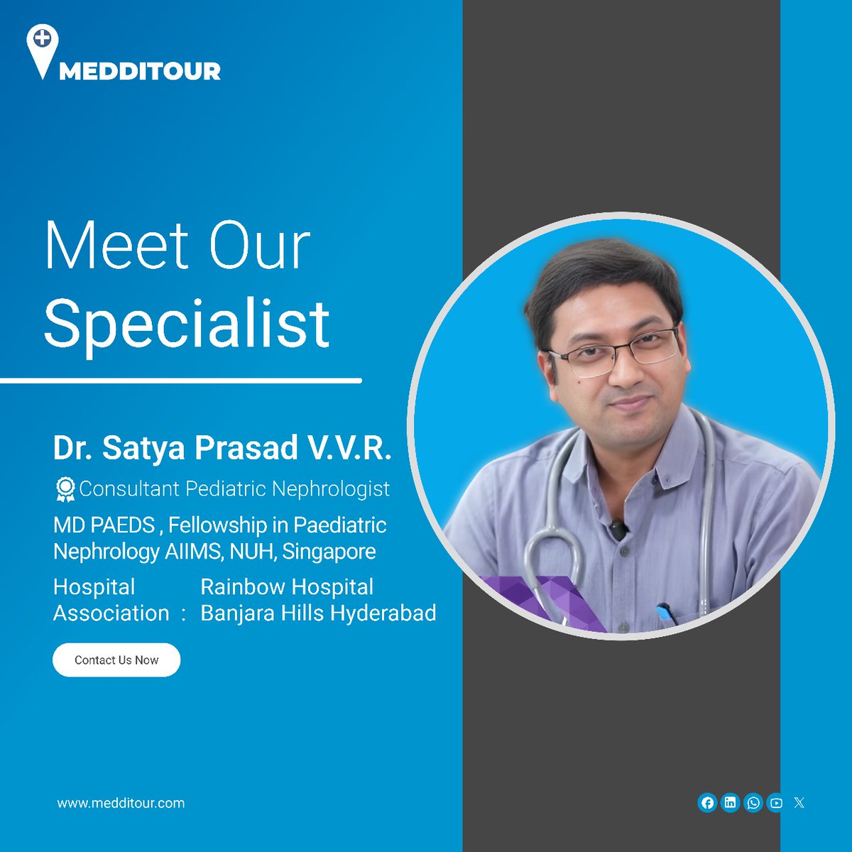 Dr. Satya Prasad, a consultant pediatric nephrologist, specializes in renal vasculitis. Fluent in Hindi and English, he's a member of esteemed organizations like the International Pediatric Nephrology Association.
#PediatricNephrology #RenalHealth #PediatricCare #Nephrologist