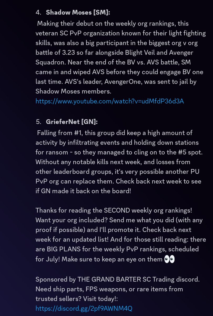 #StarCitizen WEEK 2 PU #PvP RANKINGS: 
1. R4MMING DEPARTMENT [R4M]:  After sitting at #2 last week - Mordorz, Kaiman, SpaceCutlet, VR, E10, and Rinzler got confirmed kills on GrieferNet/Neighborhood Watch members. Because of kills on a #1 ranked org, they have moved up in the