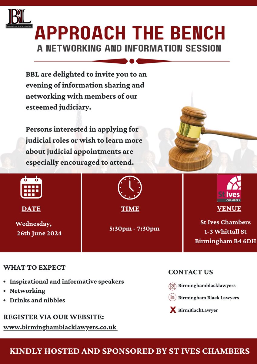 Birmingham Black Lawyers (@birmblacklawyer) on Twitter photo Birmingham Black Lawyers and <a href="/stiveschambers/">St Ives Chambers</a> are pleased to invite you to APPROACH THE BENCH.
Please join us on Wednesday 26th June at 5:30pm for an information and networking session, and hear from our esteemed panel of judges about : Birmingham Black Lawyers and <a href="/stiveschambers/">St Ives Chambers</a> are pleased to invite you to APPROACH THE BENCH.
Please join us on Wednesday 26th June at 5:30pm for an information and networking session, and hear from our esteemed panel of judges about :