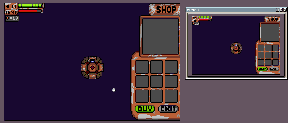 Triorvis's tweet photo. Working on the shop UI, was thinking of going for a rusty, worn-out look, but it makes the font too hard to read. Seems kinda cluttery too. #indiedev #godot #pixelart https://t.co/XNV6pOSCzl