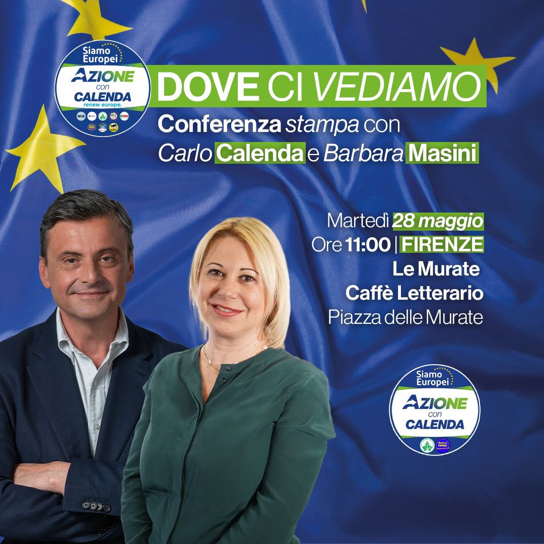 CarloCalenda's tweet photo. Aggiornamento! Domani ci vediamo in conferenza stampa a #Firenze con @BarbaraMasini_, alle 11 al Caffè Letterario.

Venerdì, invece, vi aspetto con @SpilUmberto, @FedePizzarotti, @mraffa1946 e Federica Sabbati e la dirigenza locale a #Bologna, dalle 18.30 in piazza San Francesco, per confrontarci e discutere insieme d’Europa. Avanti!