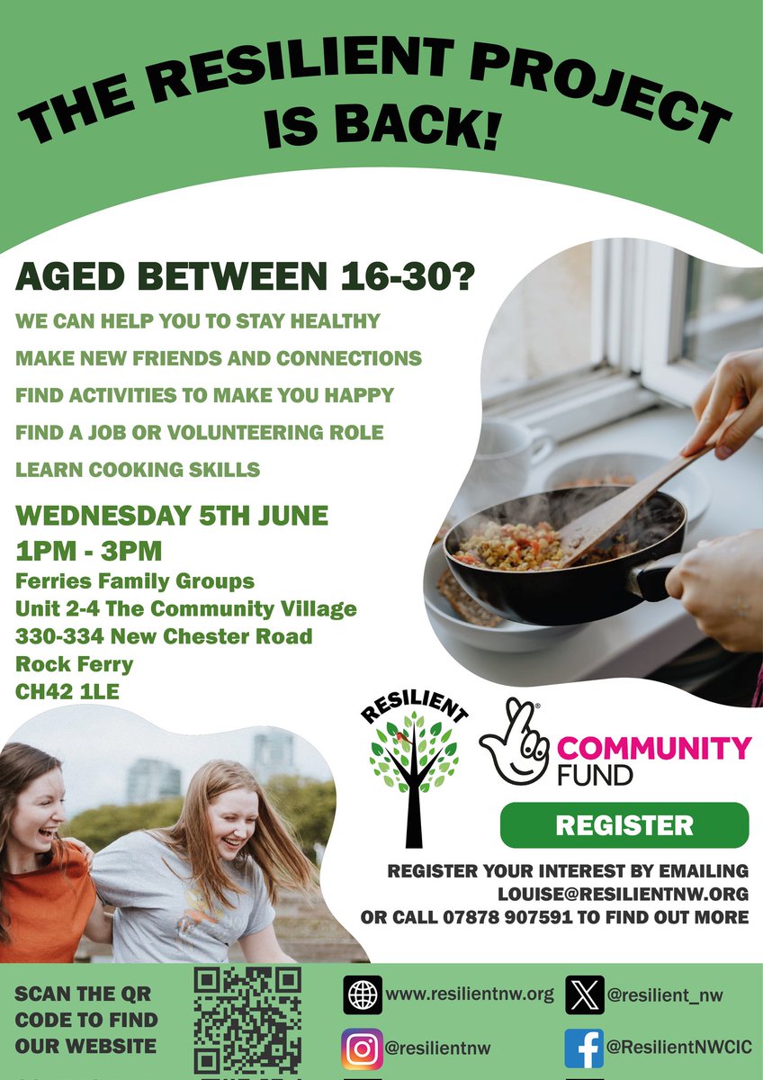 We've spaces left for our next Resilient project at the Community Village Building in Rock Ferry by KFC on the New Chester Road. Starting Wed 5th June 1pm to 3pm for 8 weeks, perfect for young people 16 - 30yrs looking to improve their confidence and life skills! #lifeskills