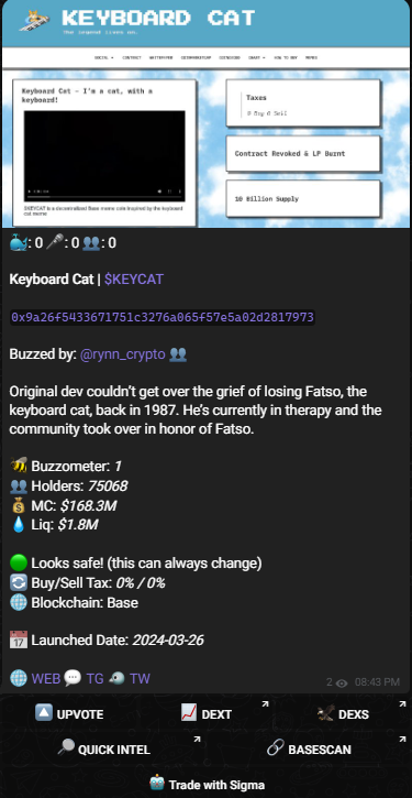AlphaBuzzGamble's tweet photo. $BUZZ TIME featuring @KeyboardCatBase 

Elevate your project's visibility with #AlphaBuzzBot. Join and ask admins for free credits today. https://t.co/oN3vRbarU3