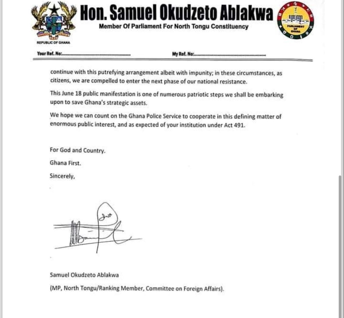 North Tongu MP, @S_OkudzetoAblak, serves notice to the Ghana Police Service ahead of a planned demonstration on June 18, protesting the sale of SSNIT's 60% stake in 4 hotels to Rock City Hotel. #CitiNewsroom