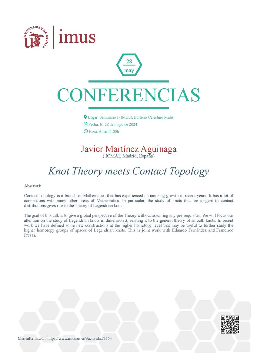 Conferencia 🗓️ Martes 28 de mayo 🕚 a las 11:00h 🗣️Javier Martínez Aguinaga @_ICMAT 🏫Seminario I del @imus_us 🗒️Knot Theory meets Contact Topology Más información 👇imus.us.es/www/#actividad…