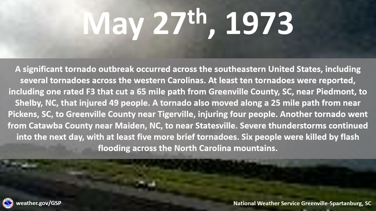 ON THIS DATE, 51 YEARS AGO: A significant tornado outbreak occurred in the Southeast. Several tornadoes touched down in the western Carolinas that resulted in 53 injuries. A flash flood killed 6 people in the NC mountains from the same event. #scwx #ncwx #gawx