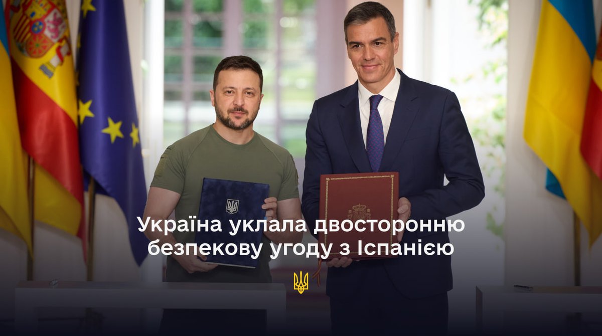 У Мадриді Президент України Володимир Зеленський і Прем’єр-міністр Іспанії Педро Санчес підписали двосторонню Угоду про співробітництво у сфері безпеки. Подробиці: bit.ly/3R0Oyoc