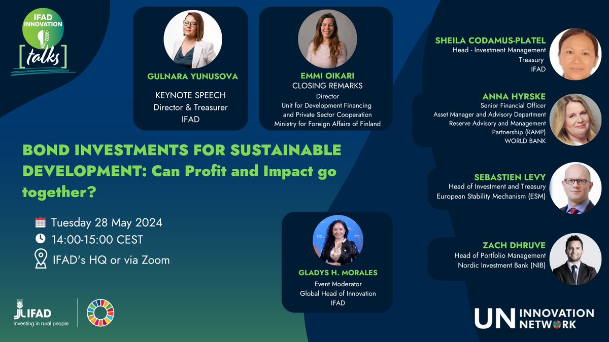 Join us tomorrow, Tuesday, May 28th from 14-15 CEST, for an @IFAD  #InnovationTalk exploring the transformative role of #SustainableFinance in tackling global climate challenges and social upheavals. IFAD and partners are leveraging bond investments to reconcile sustainable