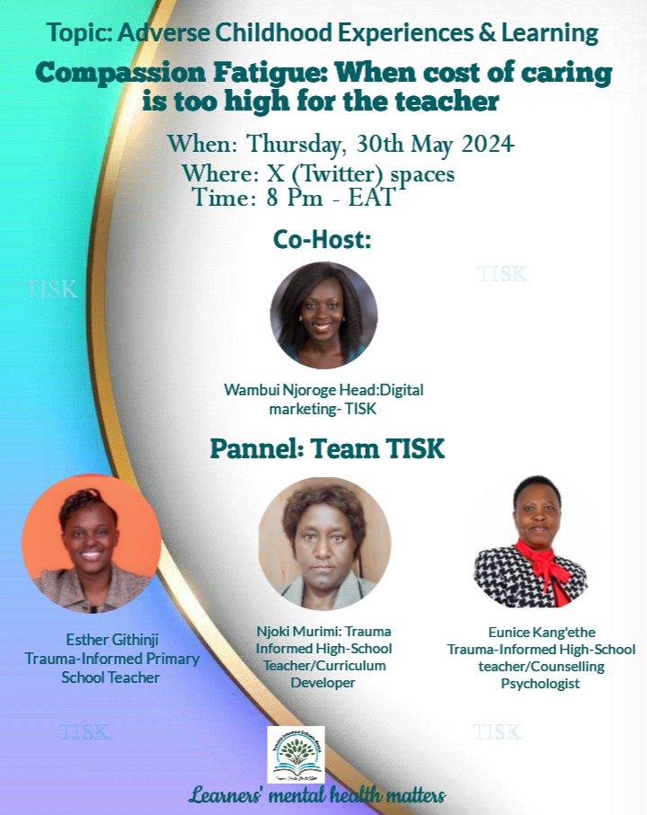 traumasch_kenya's tweet image. Teachers, come here!

Your time has come: how do we mitigate Teacher&apos;s mental health?

Well, TISK got you!

*Mark the date
*Set a reminder
*Tell all the teachers about it!

#ACEsandlearning
#Teachersmentalhealthmatterstoo