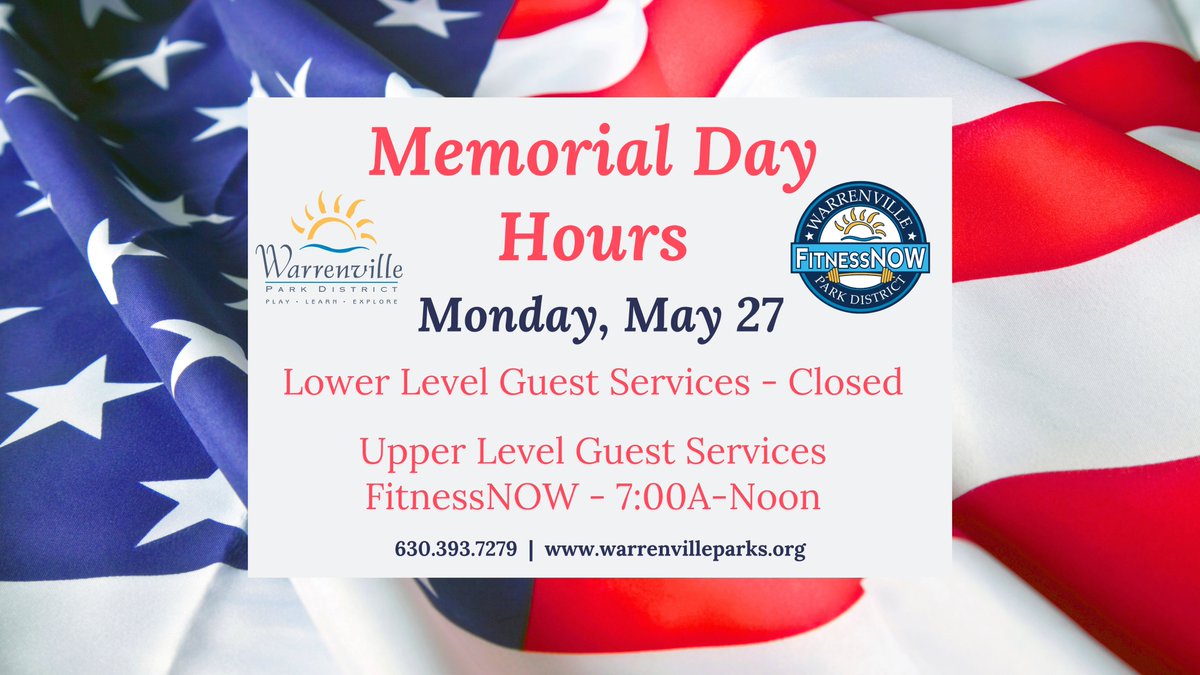"May we never forget our fallen comrades. Freedom isn't free." Sgt. Major Bill Paxton
In honor of Memorial Day, please note our special hours of operation on Monday, May 27:
FitnessNOW and Upper Level Guest Services: Open 7:00A-Noon
Lower Level Guest Services: Closed