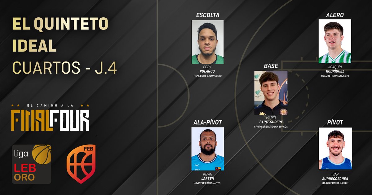 ⤴️ MVP #PlayoffsLEBOro: ¡Estos han sido los mejores de la 🇯4️⃣!

1️⃣ <a href="/M_SaintSupery/">Mario Saint-Supery Fernandez</a> - <a href="/cb_tizona/">Grupo Ureta Tizona Burgos</a> 
2️⃣ <a href="/JoaquinRod14/">joaquin rodriguez</a> - <a href="/RealBetisBasket/">Real Betis Baloncesto</a> 
3️⃣ <a href="/eddypt08/">eddy polanco</a> - <a href="/RealBetisBasket/">Real Betis Baloncesto</a>
4️⃣ <a href="/Bigkev_21/">kevin Larsen</a> - <a href="/MovistarEstu/">Movistar Estudiantes</a> 
5️⃣ <a href="/ivanaurre15/">AURRECOECHEA#15</a> - <a href="/gipuzkoabasket/">Inveready Gipuzkoa Basket</a>

🖐 Quinteto ideal ⬇
feb.es/2024/5/27/balo…