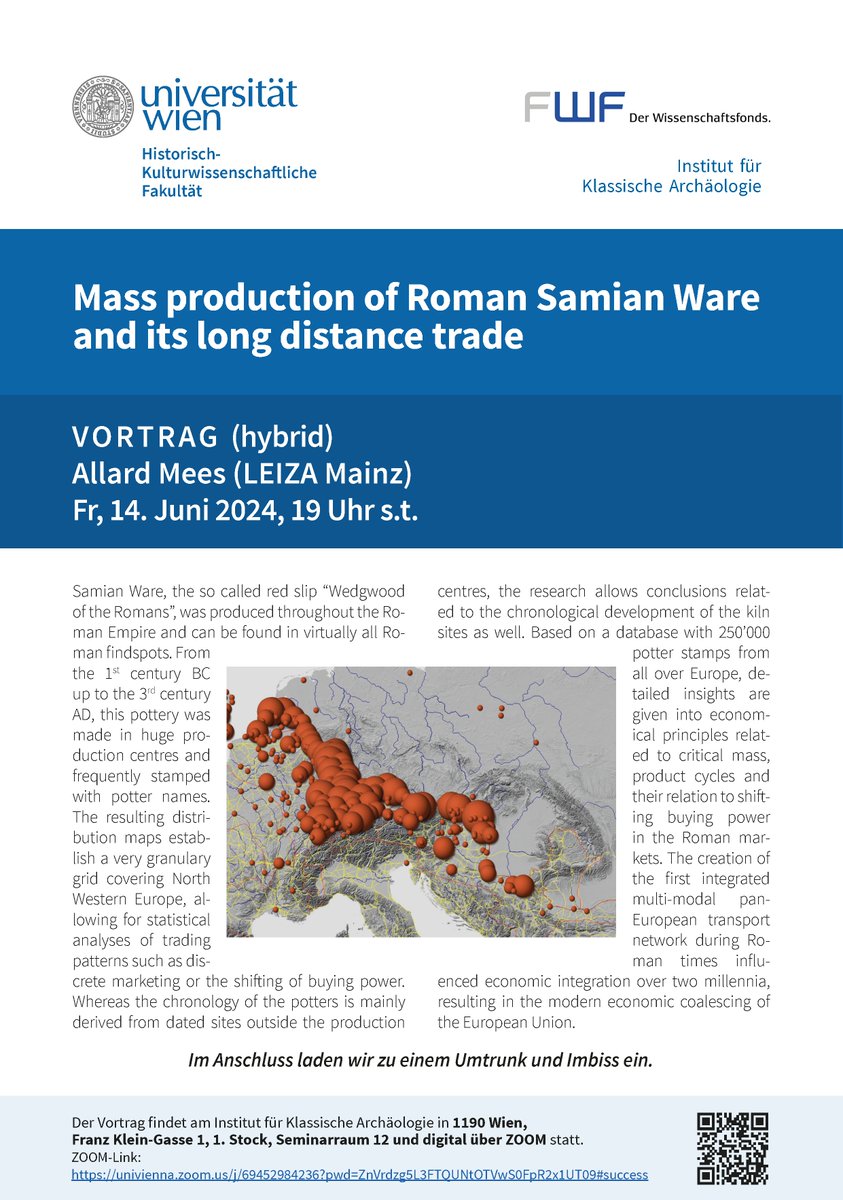 📢 Lecture invitation: "Mass production of Roman Samian Ware and its long distance trade"

📅 Fri, June 14, 2024, 7 PM (SE 12 <a href="/KlassArchWien/">Institut für Klassische Archäologie Wien</a> &amp; via ZOOM)

Allard Mees (LEIZA_Mainz) explores the economic principles and trading patterns of Samian Ware, the 'Wedgwood of the Romans'.