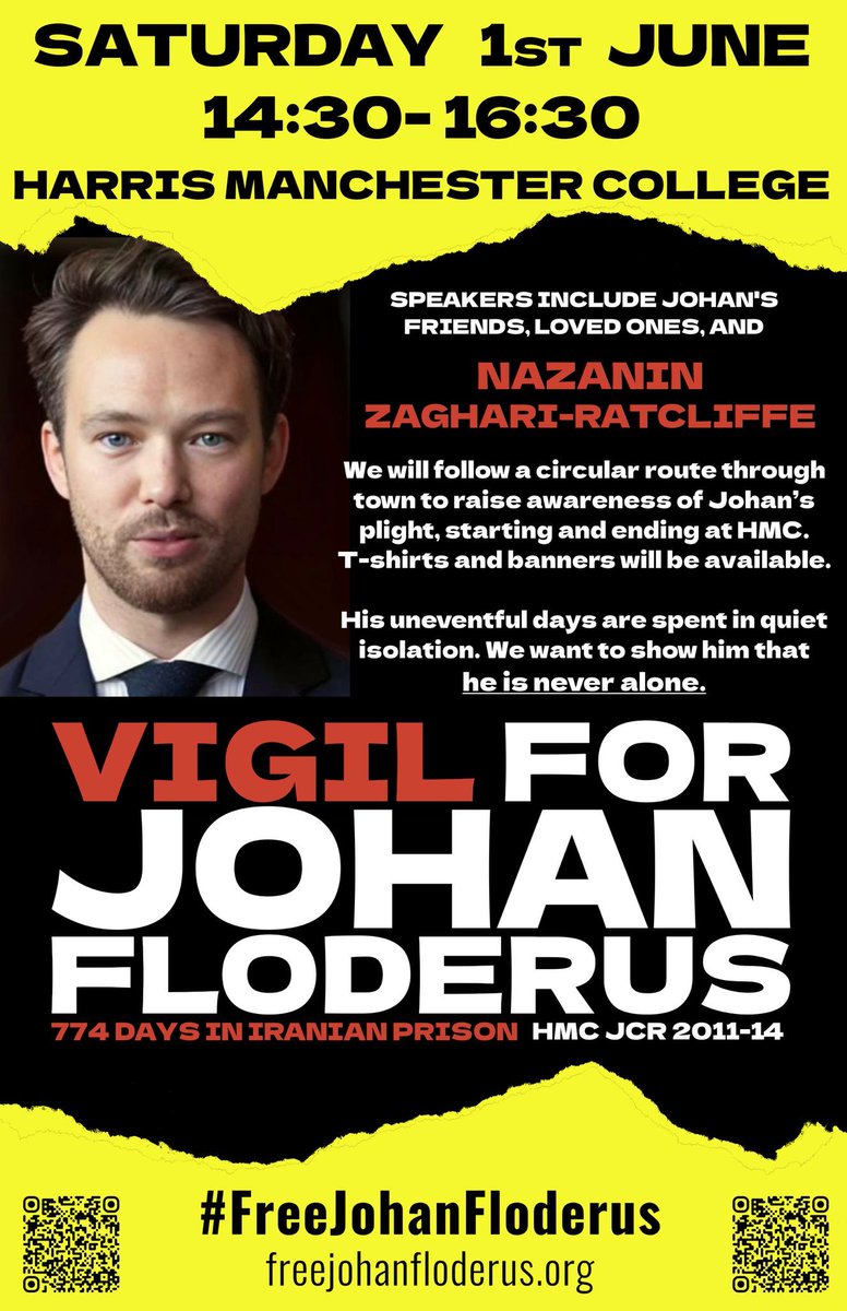 Oxford community, #JohanFloderus has been unjustly detained in Iran's Evin Prison for more than 2 years Johan is a former student of the college I work at and we would deeply appreciate your support in attending, signing the petition, and sharing ⬇️ chng.it/6LkmV4d9Gs