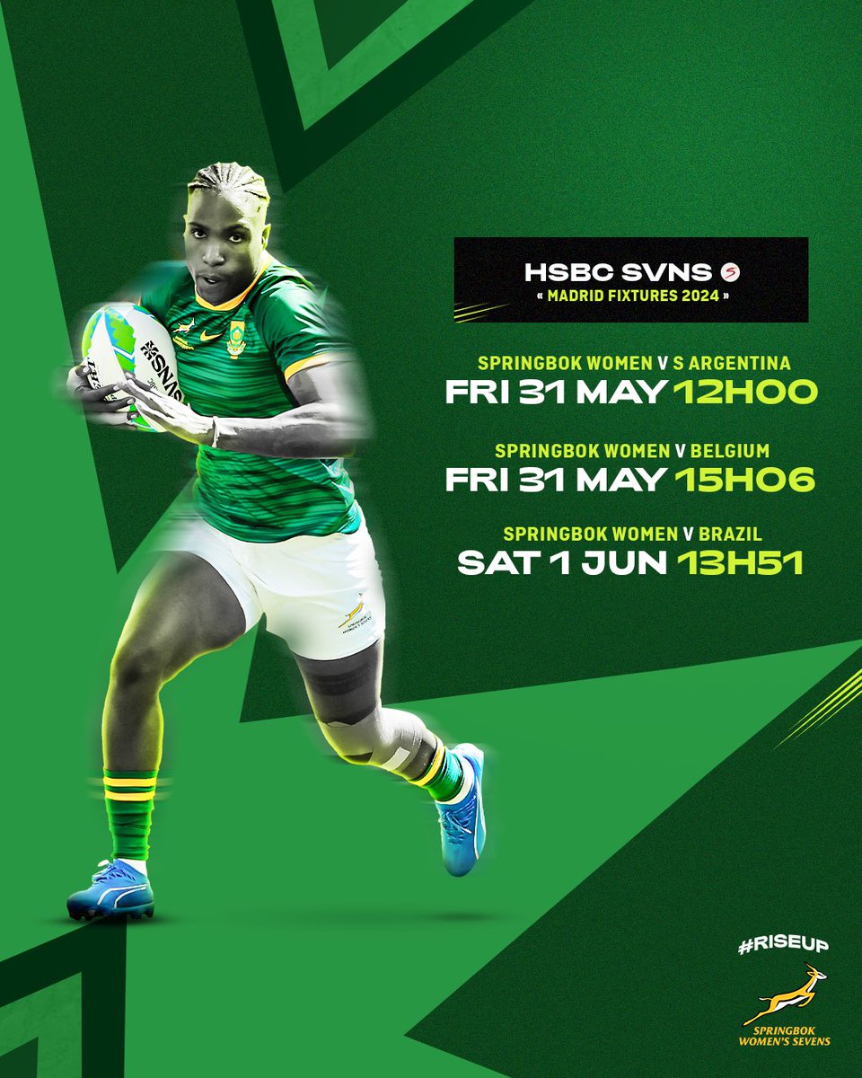 Let’s get behind the #BokWomen7s this coming weekend at the Madrid SVNS 🇿🇦 Watch all of their matches live on SuperSport 📺 #RiseUp #HSBCSVNS