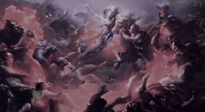 (3) ต่อมาเป็นการต่อสู้ระหว่าง สวรรค์กับนรก จะตีความในเชิงเปรียบเทียบกับเรื่องราวของเทพ ซึ่งเชื่อว่าสงครามเกิดจากการเปิดประตูที่มหาวิหารเจนัส เมื่อใดก็ตามที่ประตูวิหารแห่งนี้เปิดเทพแห่งสงครามก็จะออกมาก่อศึกสงครามเข่นฆ่าผู้คนทันที เปรียบเสมือนเอสป้าที่มาจากฝั่งนรกมาทำสงคราม