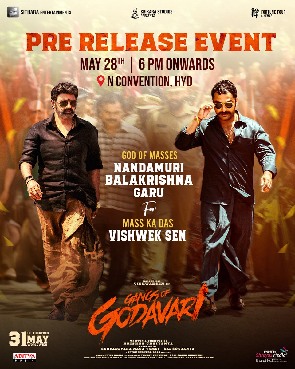 Get ready to witness the MASSive storm at the Grand Pre-Release Event of #GangsOfGodavari! 🌊🔥 𝐆𝐎𝐃 𝐎𝐅 𝐌𝐀𝐒𝐒𝐄𝐒 𝑵𝑩𝑲 for 𝐌𝐀𝐒𝐒 𝐊𝐀 𝐃𝐀𝐒 @VishwakSenActor 💥 🗓️ May 28th @ 6️⃣ PM 📍 N Convention, Hyderabad Event by @shreyasgroup✌️ @thisisysr @iamnehashetty